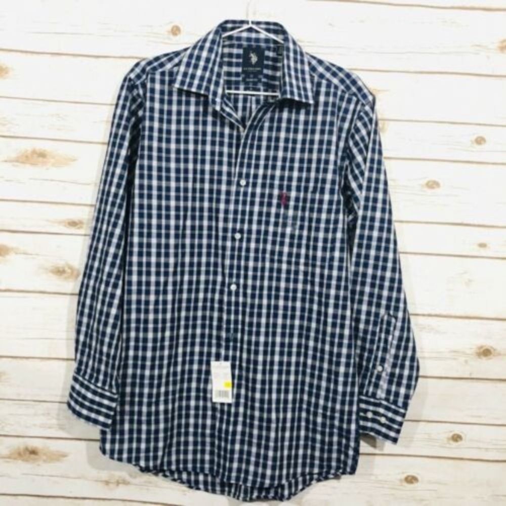 U.S. Polo Assn. Mens Navy and White Plaid Button Down Shirt Size M